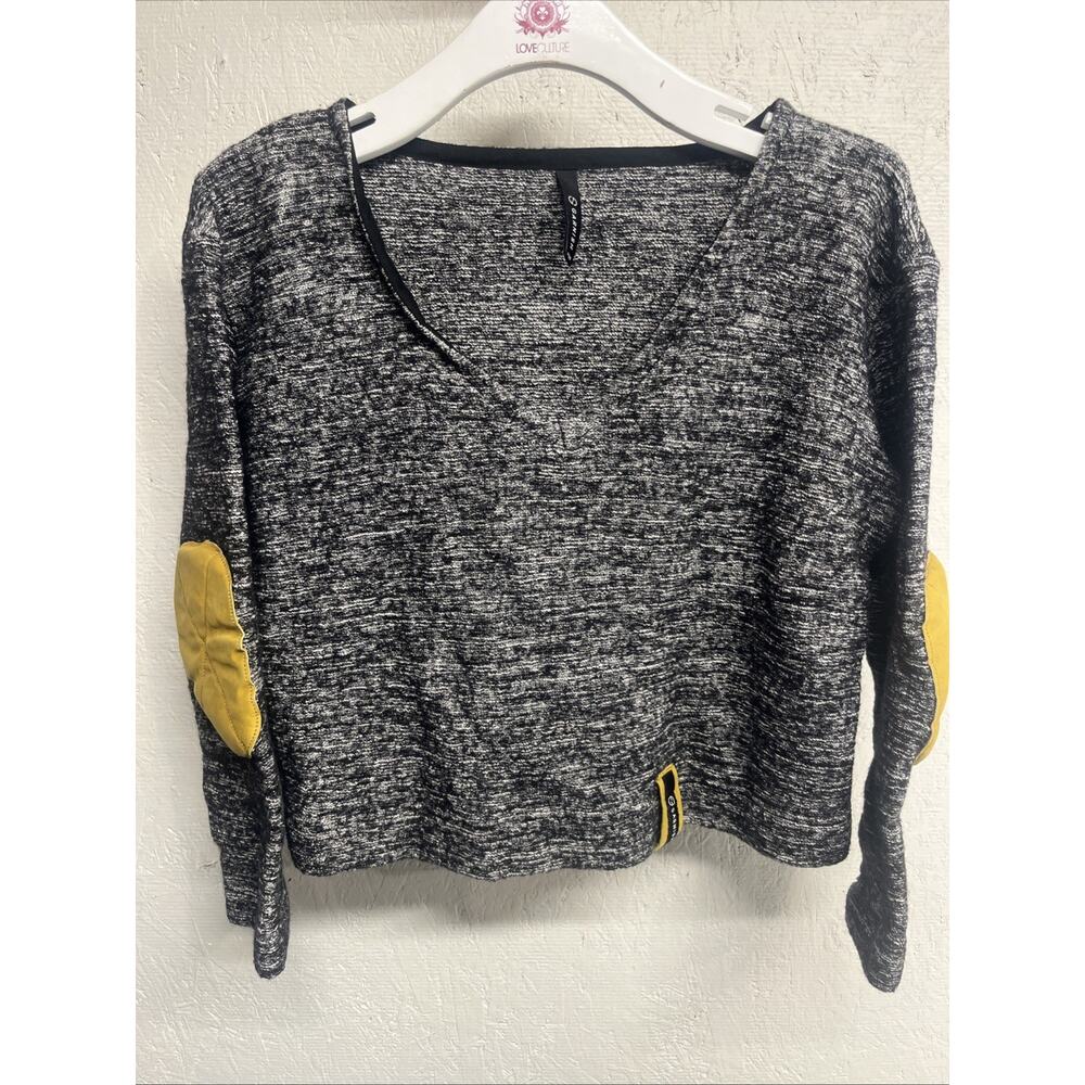 Garnish PDX Wool Blend Cropped Sweater Leather Elbow Patch Sz Medium Grey Black